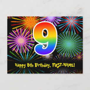 9. Geburtstag – Lustiges Feuerwerk Muster + Regenb Postkarte