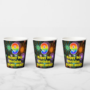 9. Geburtstag: Lustiges Feuerwerk-Muster + Regenbo Pappbecher