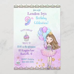 9. Geburtstag Mädchen Prinzessin Cupcake Ballons Einladung