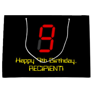 9. Geburtstag: Red Digital Clock Style "9" + Name Große Geschenktüte