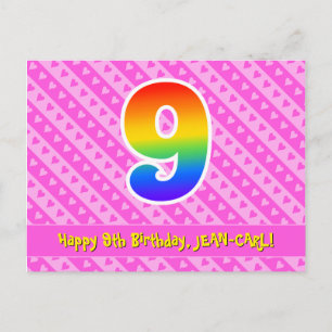 9. Geburtstag: Rosa Streifen & Herzen, Regenbogen  Postkarte