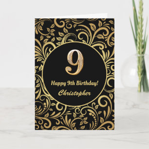9. Geburtstag Schwarz und Gold Floral Muster Karte