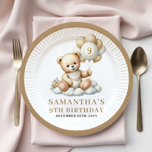 9. Geburtstag Teddybär Gold Elfenbein Ballon Telle Pappteller