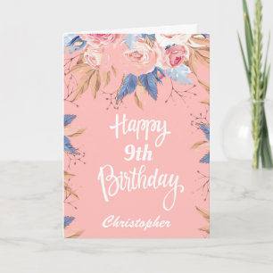 9. Geburtstag Wasserfarbe Botanisches Rosa Floral Karte