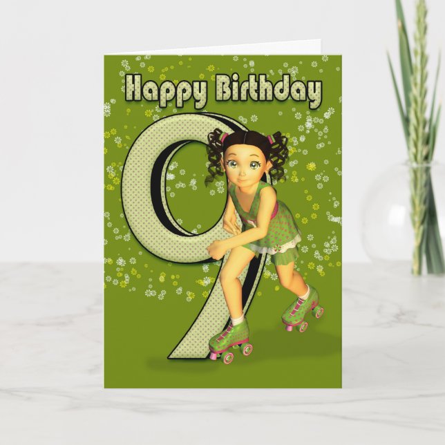 9. Geburtstags-Karte - kleines Mädchen-Skaten Karte (Vorderseite)