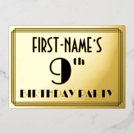 9. Geburtstagsparty — Art Deco Look "9" + Name Folieneinladung