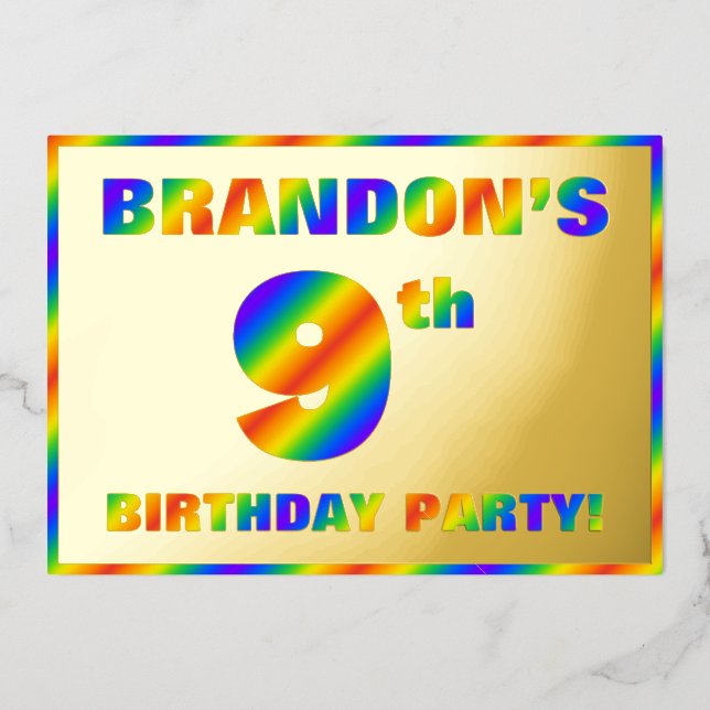 9. Geburtstagsparty — Spaß, Regenbogenspektrum "9" Folieneinladung (Vorderseite)