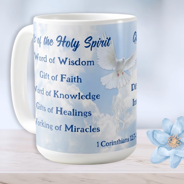 9 Geschenke der Heiligen Geistbibel Verse, KJV-Lis Kaffeetasse (Dove Holy Spirit, Mug. Comforting gifts for Christians. 9 gifts of the Holy Spirit List, for Pastors)