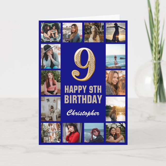 9. Happy Birthday Navy Blue & Gold Foto Collage Karte (Vorderseite)