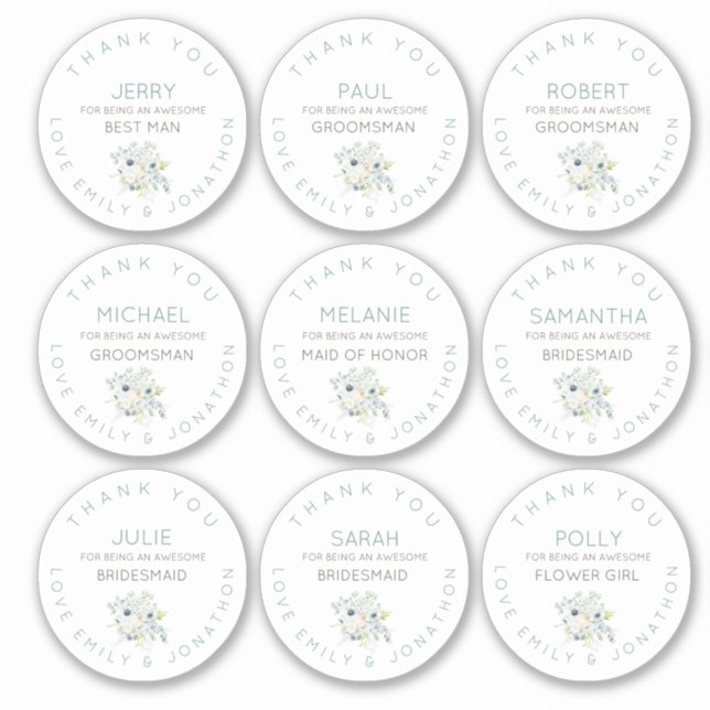 9 Individueller Name Danke Bridal Floral Small Aufkleber (Vorderseite)