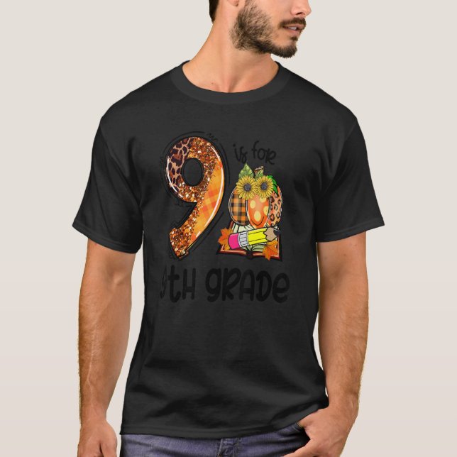 9 Is For 9th Grade Leopard Pumpkin Teacher Fall Th T-Shirt (Vorderseite)