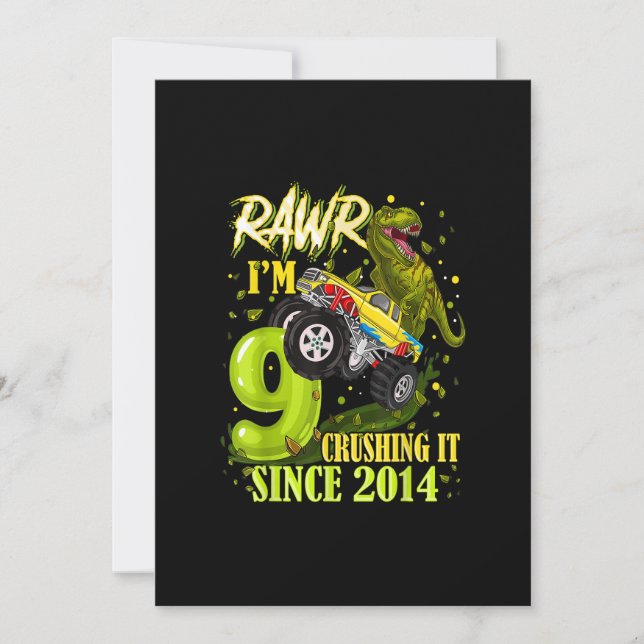 9 Jahre alt Dinosaurier Trex Monster Truck 9. Gebu Einladung (Vorderseite)