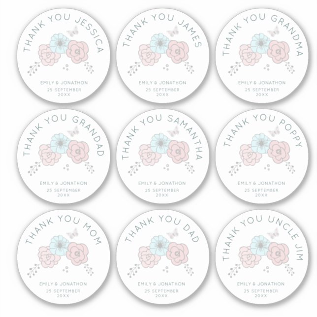 9 Kleiner Name dank Blume Hochzeit Aufkleber (Vorderseite)