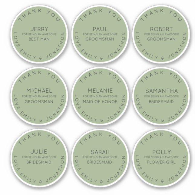 9 Name für Person Vielen Dank Brautparty Sage Aufkleber (Vorderseite)