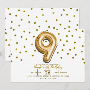 9 Neun Goldene Luftballons Konfetti 9. Geburtstags Einladung