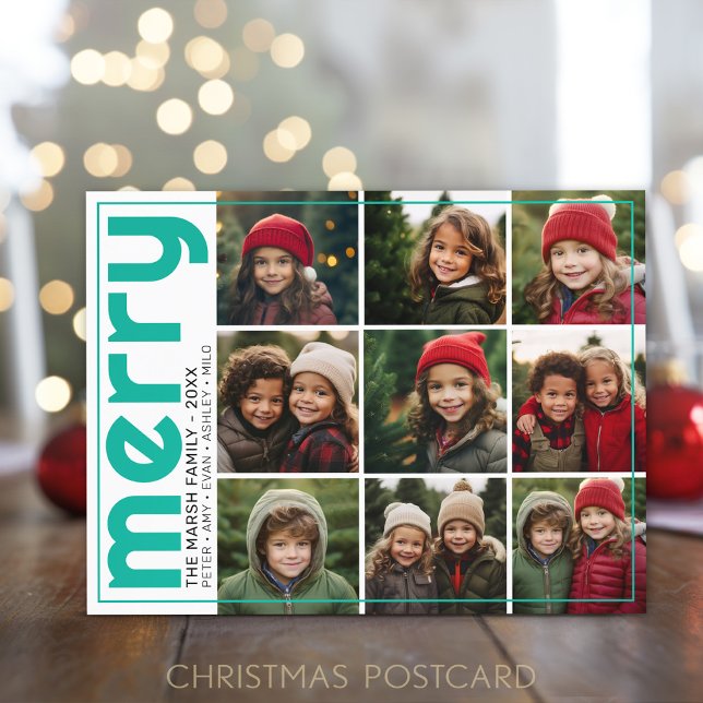 9 Photo Offset - Bold Merry - Christmas Teal - Feiertagspostkarte (Christmas Postcard with 9 photos and a modern design on the front - merry)
