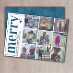 9 Photo Offset - Bold Merry - Dark Denim Blue Feiertagskarte<br><div class="desc">FRONT DESIGN: A collage of 9 photos in a simple grid to highlight many pic from the past year. The photo grid is off center with a thin border surrounding the entire card. A modern look for a holiday photo card with denim blue colored accents and "merry" in a large,...</div>
