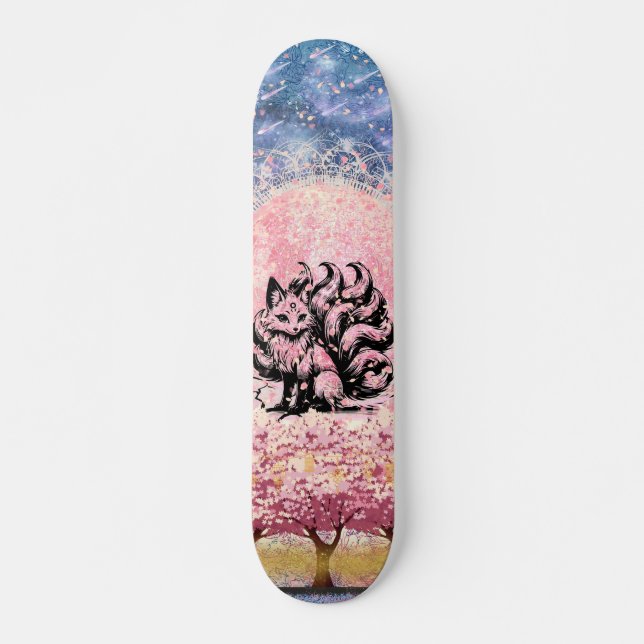9 Schwanz Fox Asiatic Pink Cherry Blossom Skateboa Skateboard (Vorne)