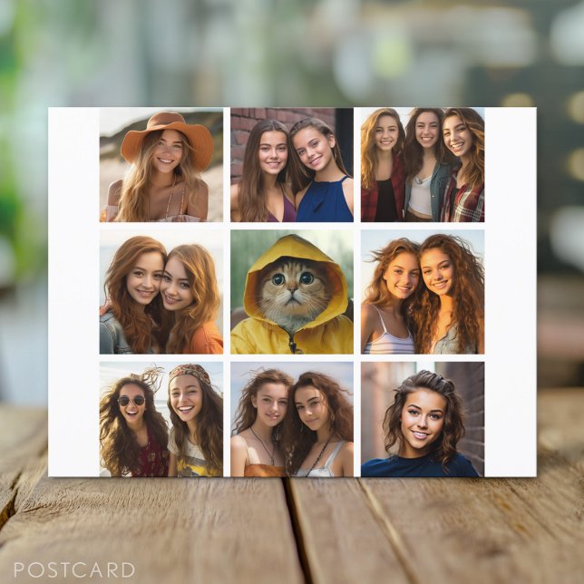 9 Square Foto Collage - Schwarz und Weiß Postkarte (Custom Personalized Photo Collage Postcard)