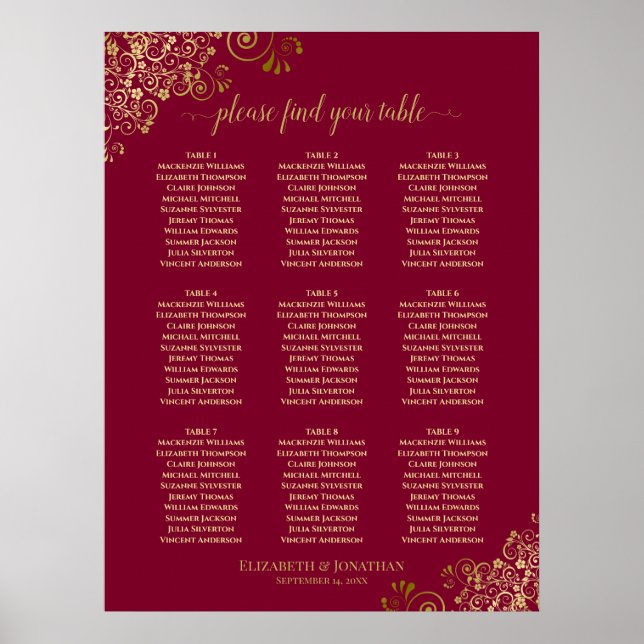 9 Tabelle Elegantes Burgundy & Gold Lace Seating C Poster (Vorne)