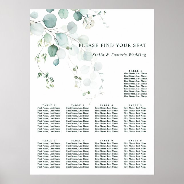 9 Tabelle Elegantes Green Foliage Seating Chart Poster (Vorne)