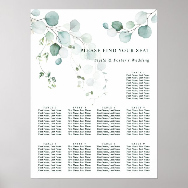 9 Tabelle Elegantes Green Foliage Seating Chart Poster (Vorne)