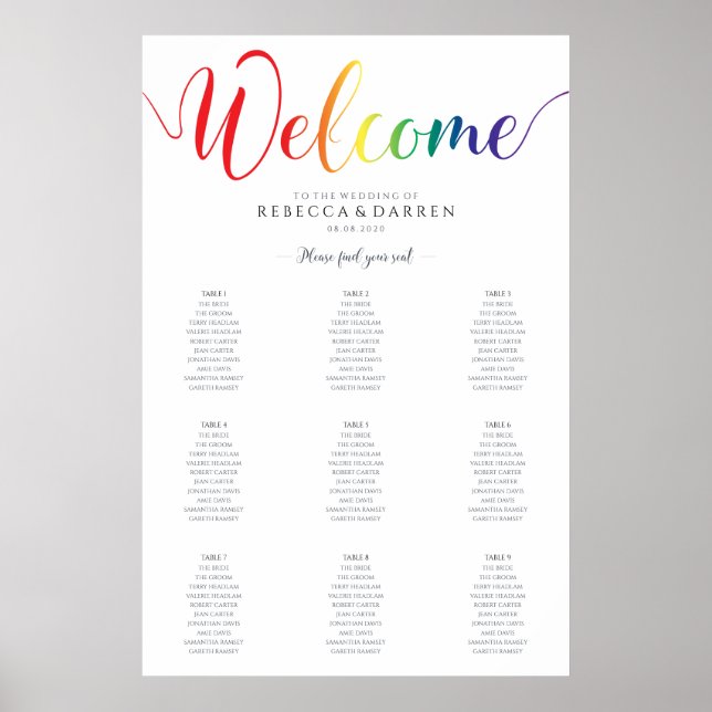 9 Tabelle Gay Pride Rainbow Seating Chart Poster (Vorne)