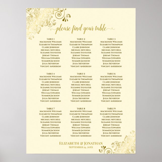 9 Tabelle Hochzeitskarte Creme mit Gold Frills Poster (Vorne)
