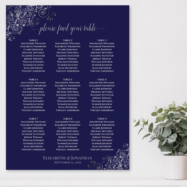 9 Tabelle Hochzeitskarte Navy Blue & Silver Poster (On Wall)