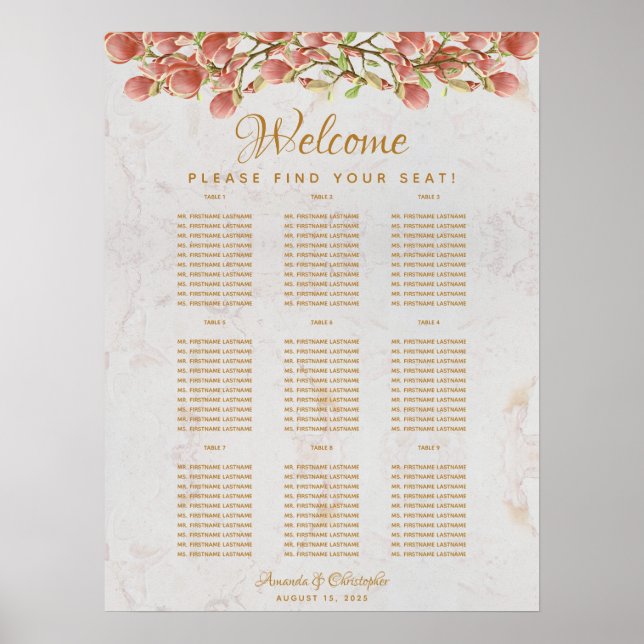9 Tabelle Hochzeitskarte Rosa Magnolia Marmor Poster (Vorne)