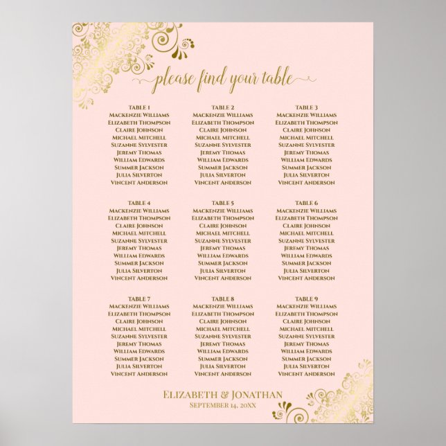 9 Tabelle Hochzeitskarte Rosa und Gold Poster (Vorne)