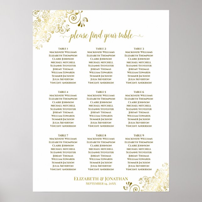 9 Tabelle Hochzeitskarte Weiß mit Gold Frills Poster (Vorne)