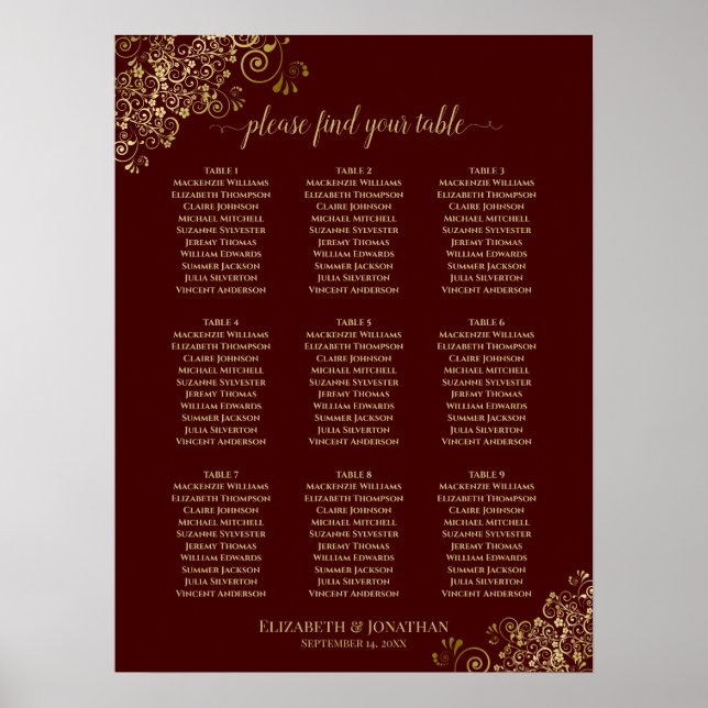 9 Tabelle Hochzeitsstempel Gold Spitze auf Auburn Poster (Vorne)