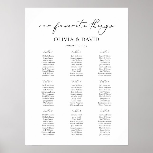 9 Tabellen Einfach unsere Lieblingssitzkarte Poster (Vorne)