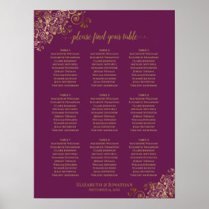 9 Table Wedding Seating Chart Cassis Lila & Gold Poster