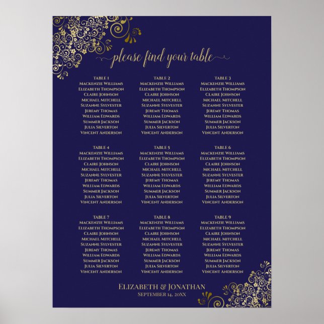 9 Table Wedding Seating Chart Navy Blue Lacy Gold Poster (Vorne)