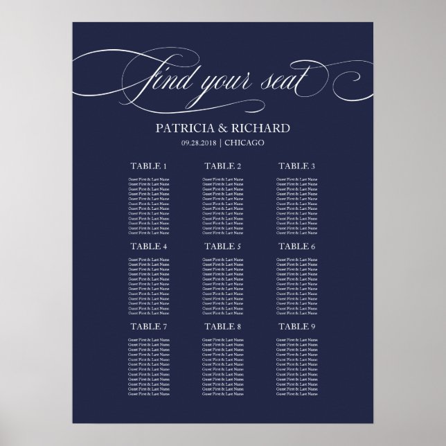 9 Tables Navy Blue Elegante Hochzeitssessendiagram Poster (Vorne)