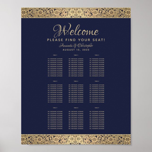 9 Tables Navy Blue Wedding Chart Gold Rose Poster (Vorne)