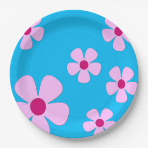 9" Teller, blau mit rosa Blume Pappteller