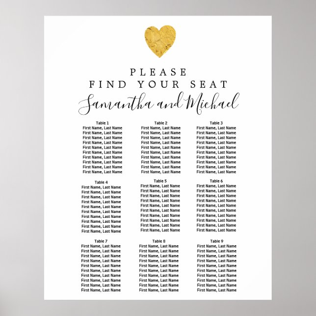 9-Tisch-Hochzeitskarte für Gold Foil Heart Poster (Vorne)