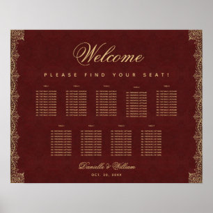 9 Tische Burgund Gold Schrift Alt Sitzordnung Poster