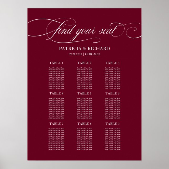 9 Tische Burgundy Marsala Hochzeitstabelle Poster (Vorne)