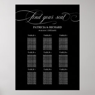 9 Tische Hochzeits-Sitzordnungstafel Schwarz Poster