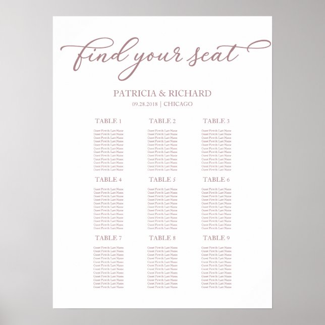 9 Tische Hochzeitsdiagramm Rose Gold Script Poster (Vorne)