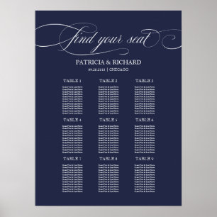 9 Tische Navy Blau Elegante Hochzeits-Sitzordnung Poster