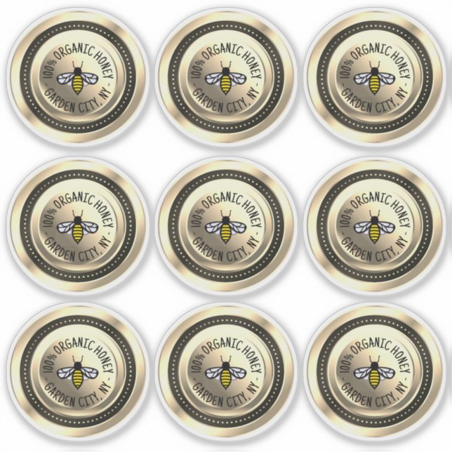 9 Waterproof Vinyl Honey Lid Labels Gold Bee (Vorderseite)