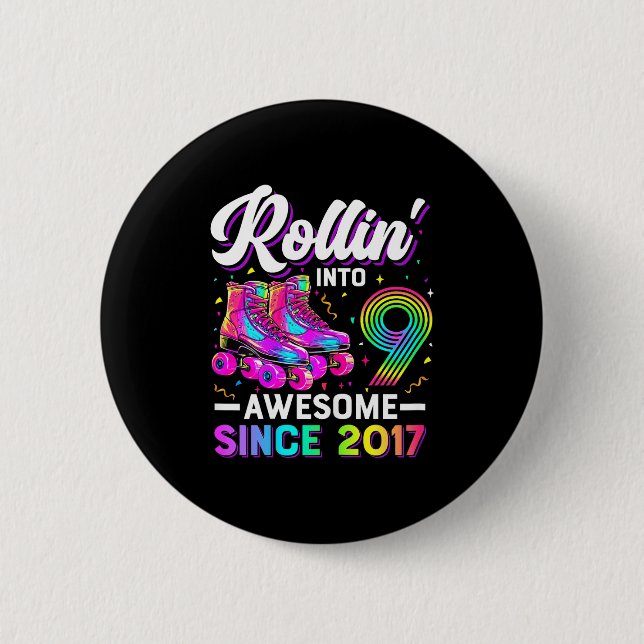9th Birthday Shirt Girl Nine 9 Year Old Roller Ska Button (Vorderseite)