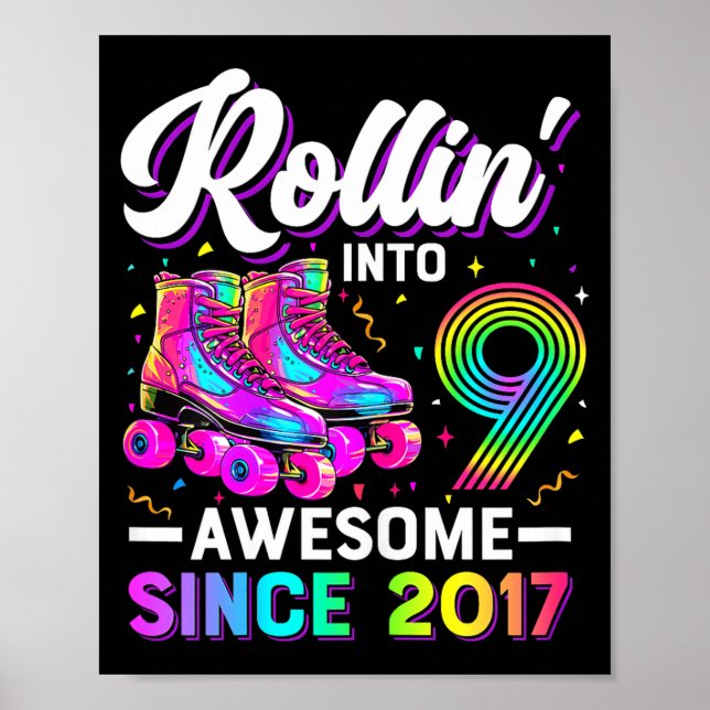9th Birthday Shirt Girl Nine 9 Year Old Roller Ska Poster (Vorne)