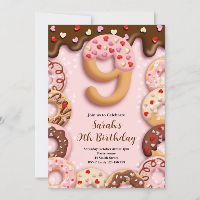 9th Donut Birthday Girls Invitation Einladung (Vorderseite)