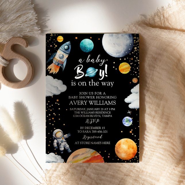 A Baby Boy Is On The Way Black Space Baby Shower Einladung (Von Creator hochgeladen)